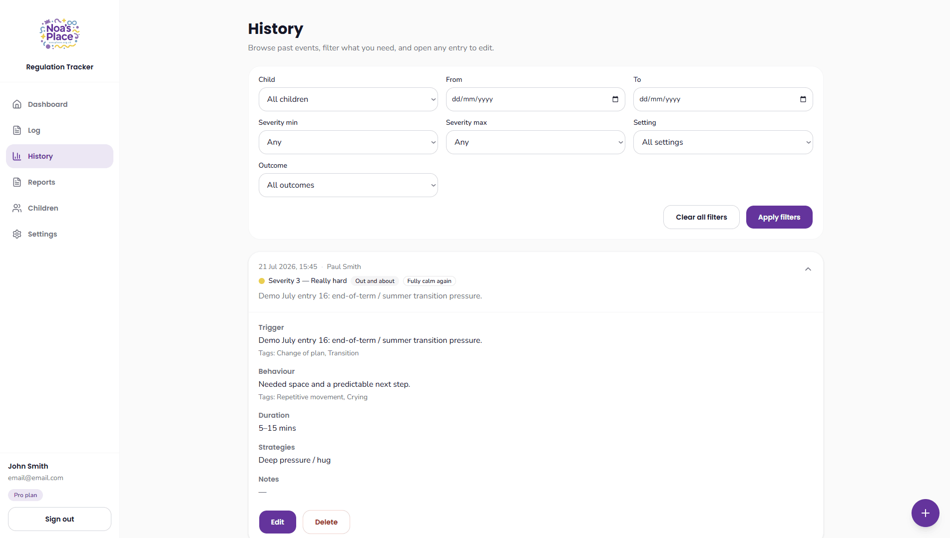History page with filters and a detailed log entry