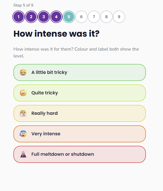Log form step asking how intense the event felt
