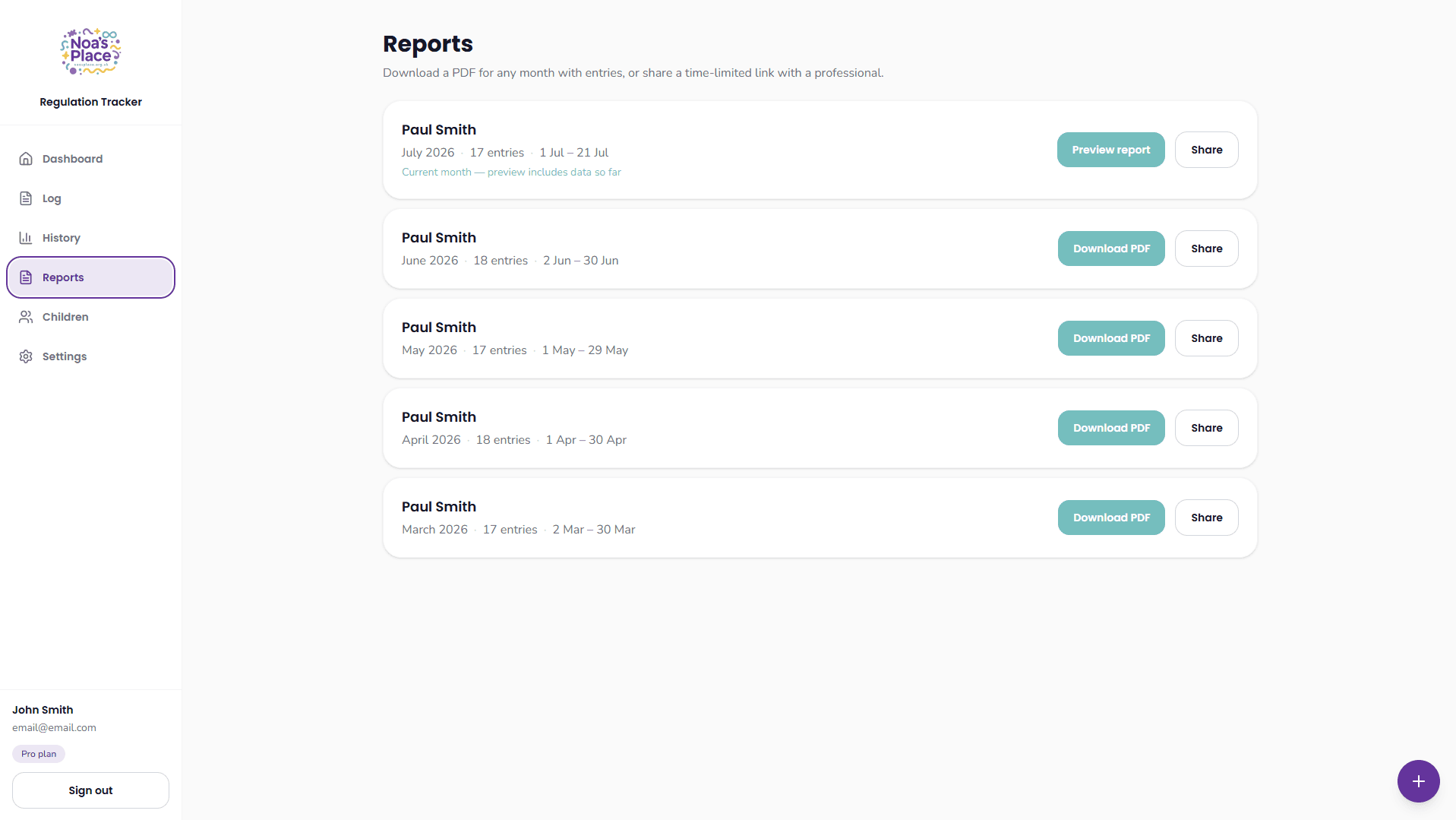 Reports page listing monthly PDF downloads and share links